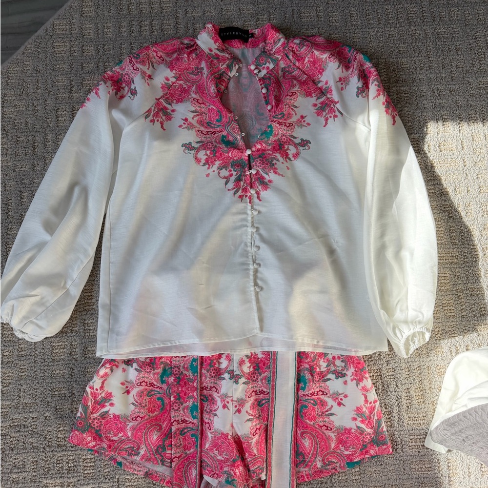 Floral Pink and White Blouse and Shorts Set